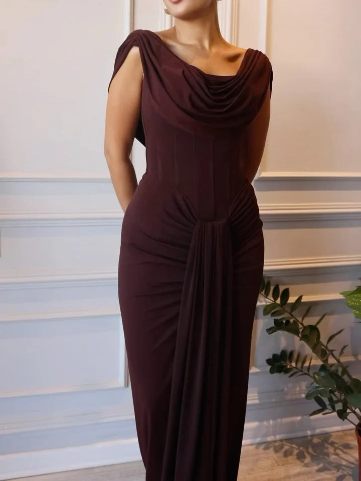 Elegant Draped Neck Brown Evening Maxi Dress